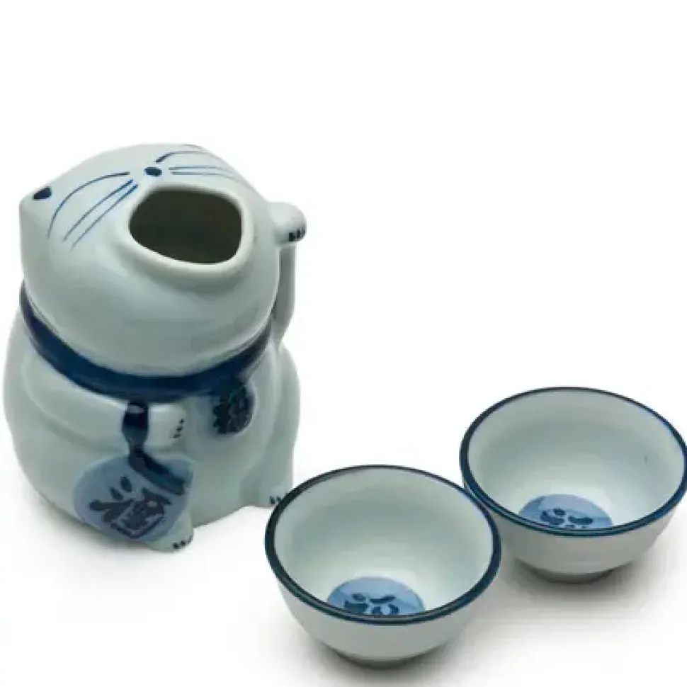 blue__white_cat_sake_set_0.webp MIYA Company Other^Blue & White Cat Sake Set