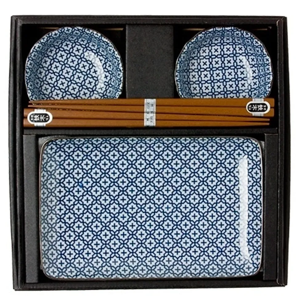 blue__white_cross_sushi_s_0.webp MIYA Company Medium Plates^Blue & White Cross Sushi Set