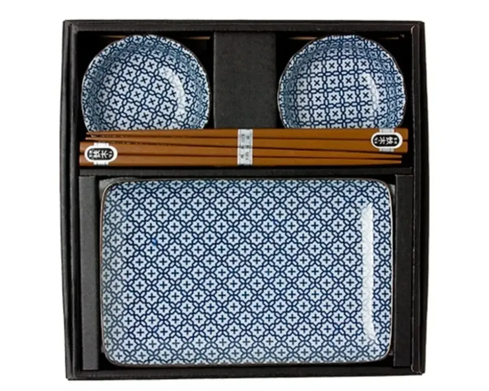 blue__white_cross_sushi_s_1.webp MIYA Company Medium Plates^Blue & White Cross Sushi Set
