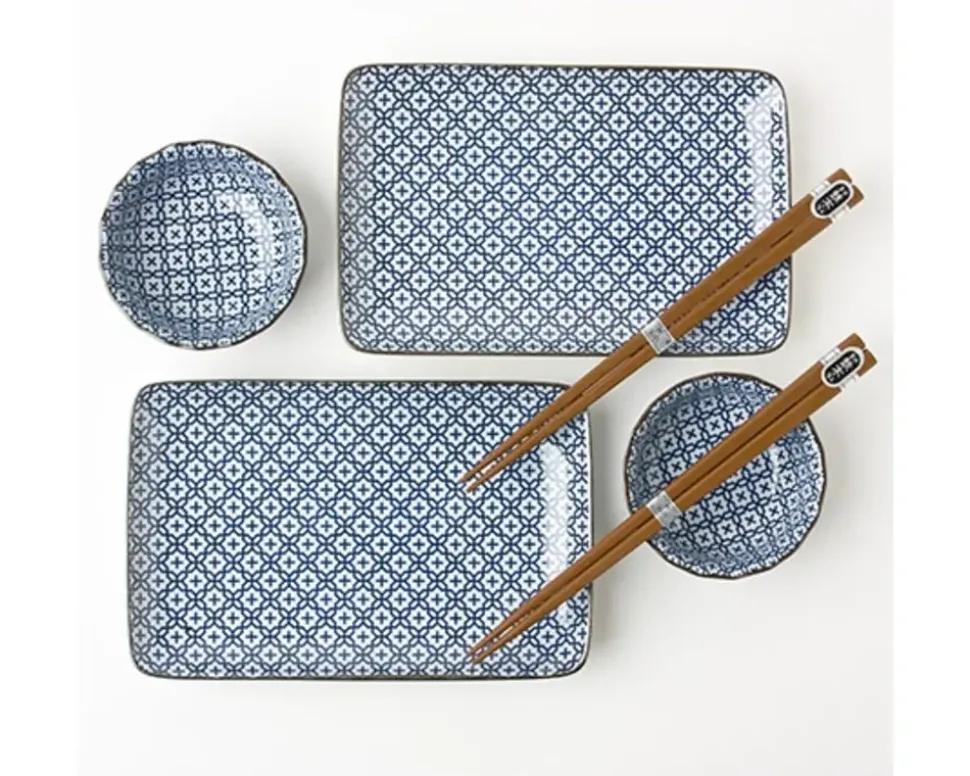blue__white_cross_sushi_s_2.webp MIYA Company Medium Plates^Blue & White Cross Sushi Set