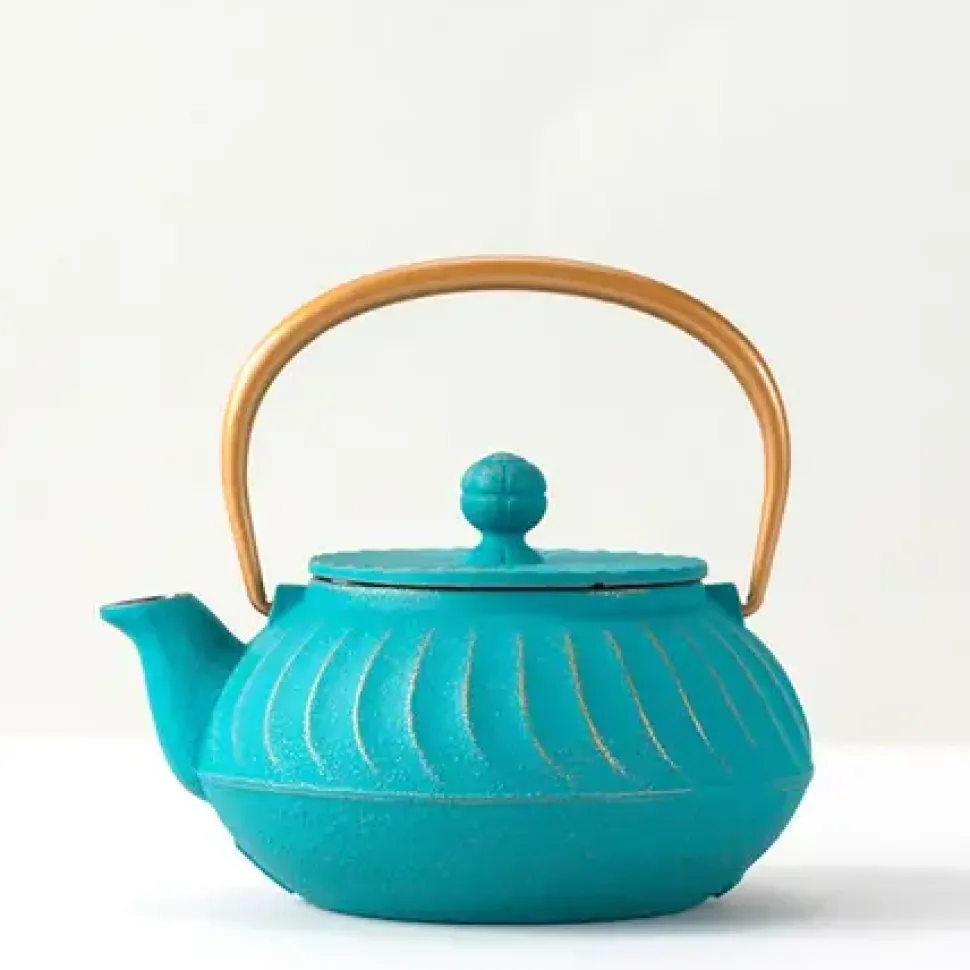 cast_iron_teapot_teal_wav_0.webp MIYA Company Teapots - Cast Iron^Cast Iron Teapot Teal Wave Gold Handle