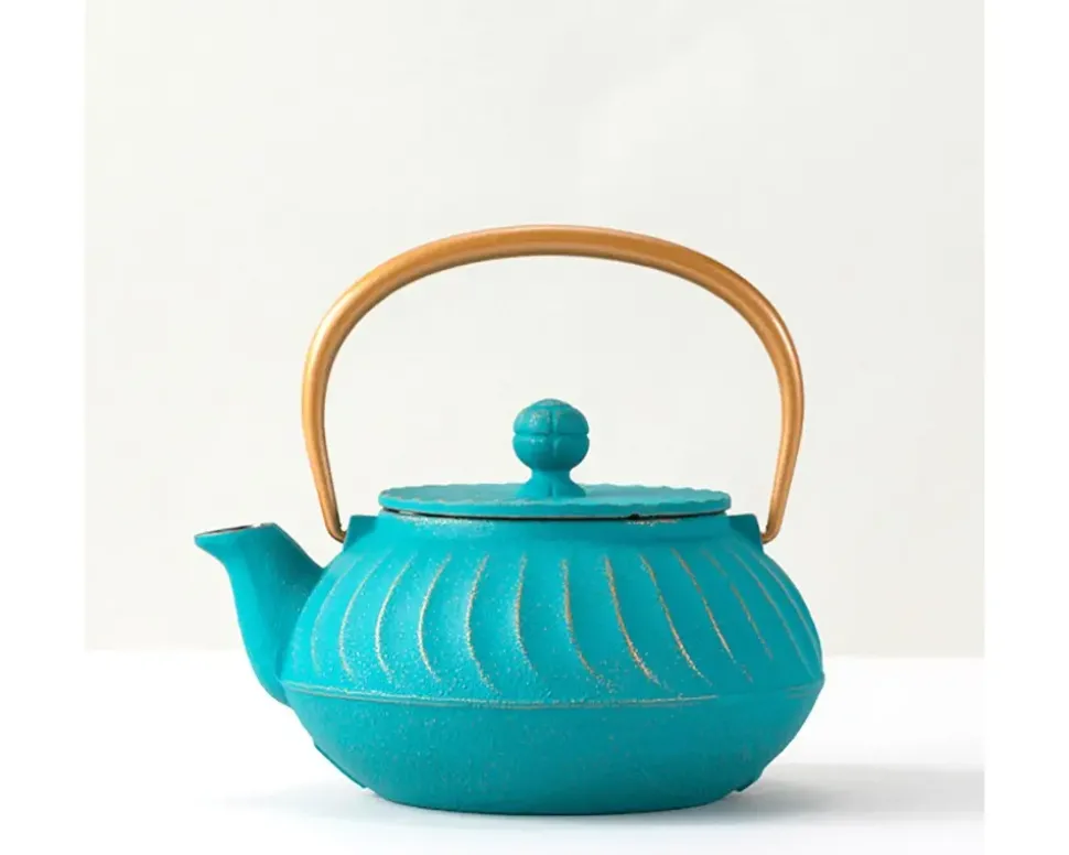 cast_iron_teapot_teal_wav_1.webp MIYA Company Teapots - Cast Iron^Cast Iron Teapot Teal Wave Gold Handle