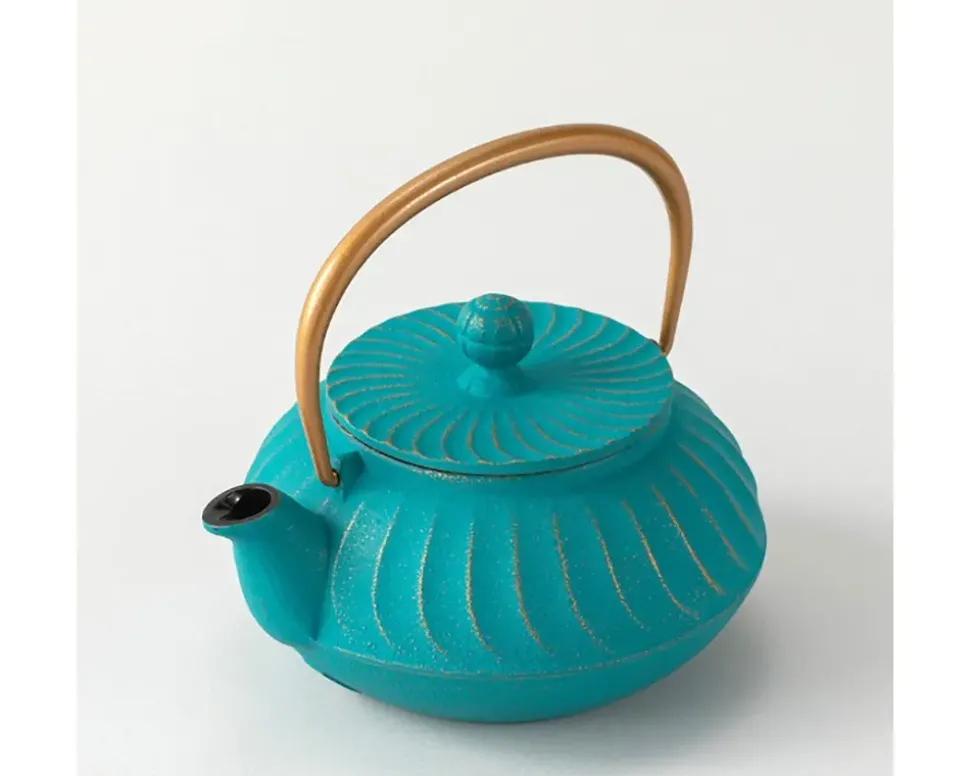 cast_iron_teapot_teal_wav_2.webp MIYA Company Teapots - Cast Iron^Cast Iron Teapot Teal Wave Gold Handle